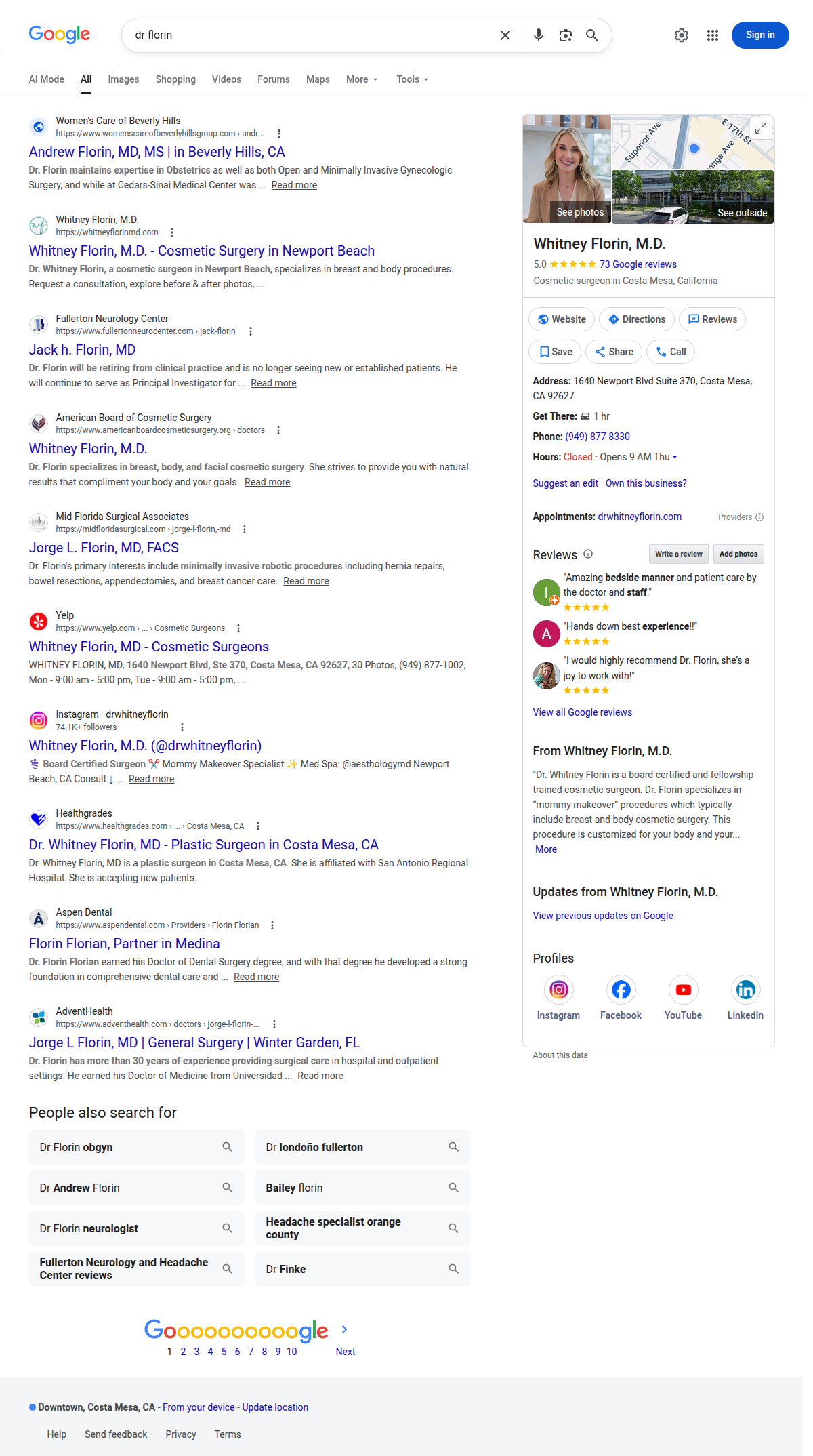 Google search results for dr florin in Costa Mesa