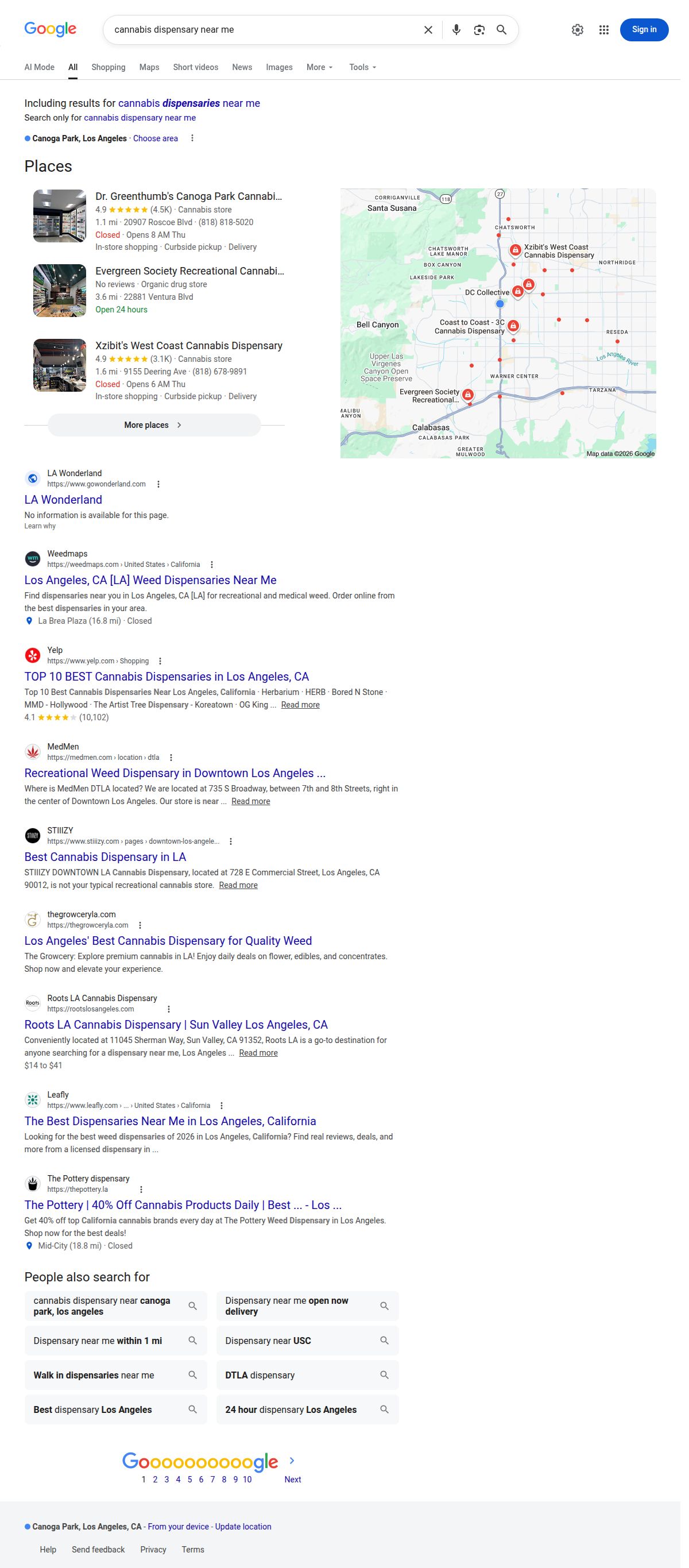 Google search results for cannabis dispensary near me in Woodland Hills
