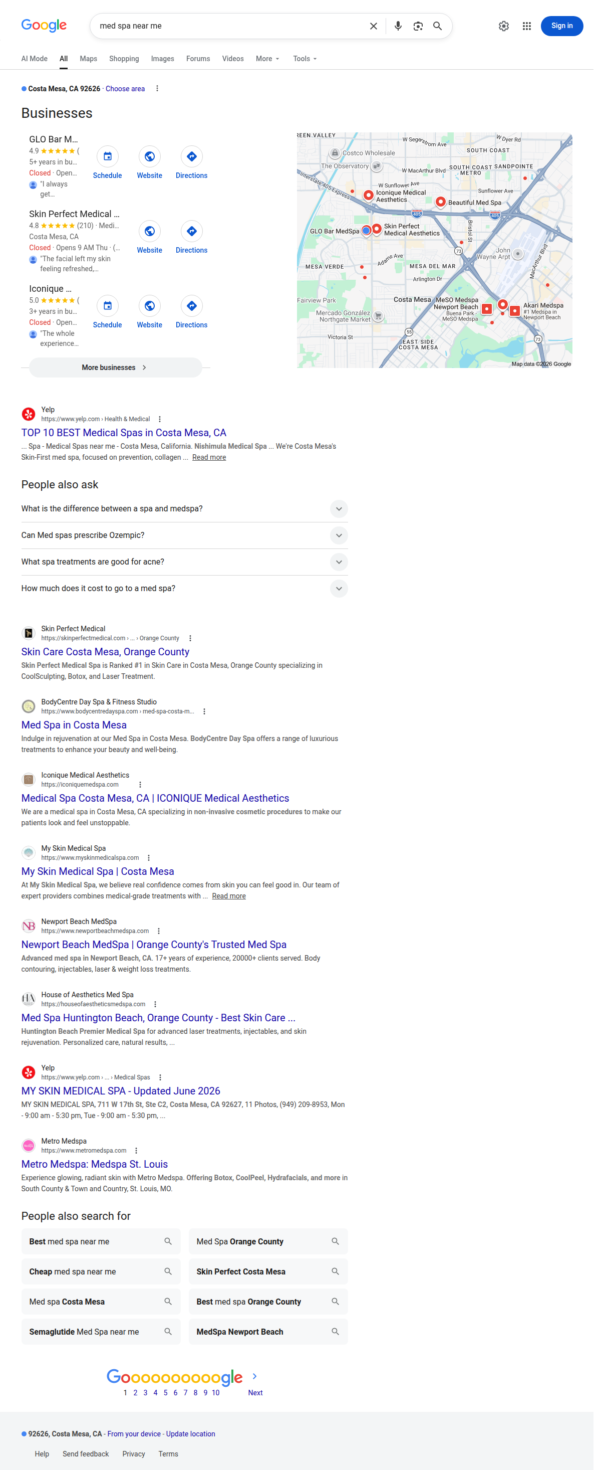 Google search results for med spa near me in Costa Mesa