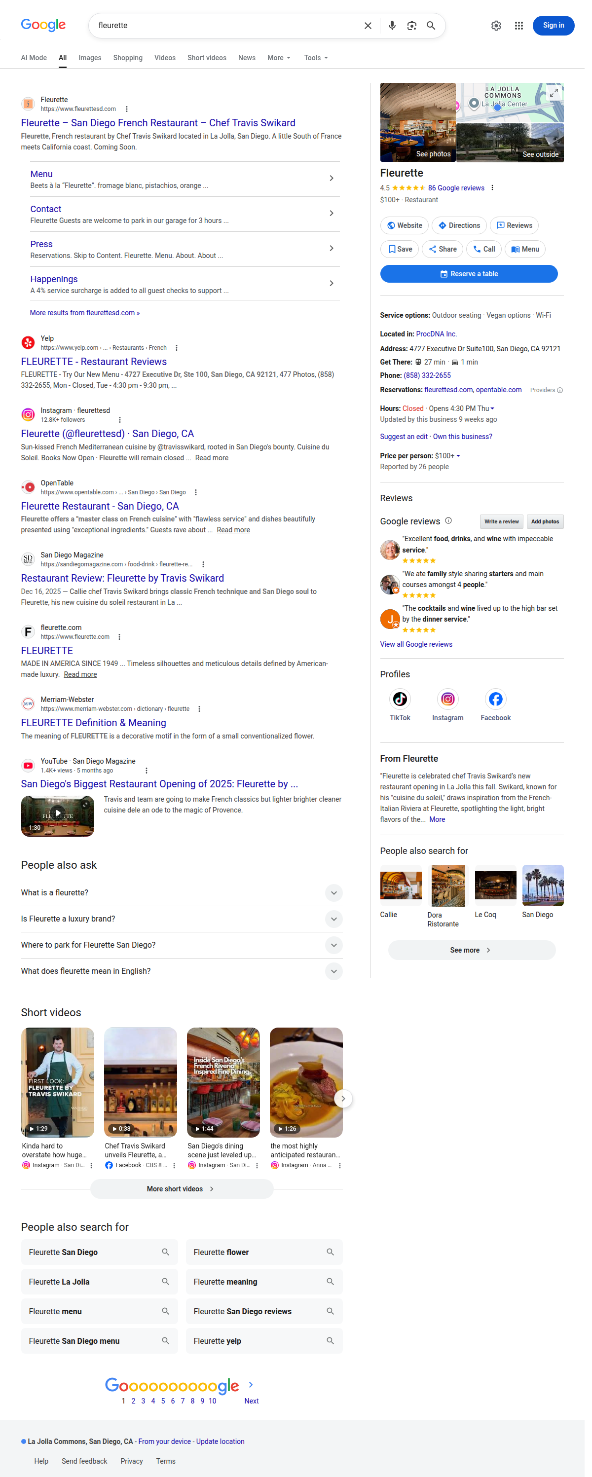 Google search results for fleurette in San Diego