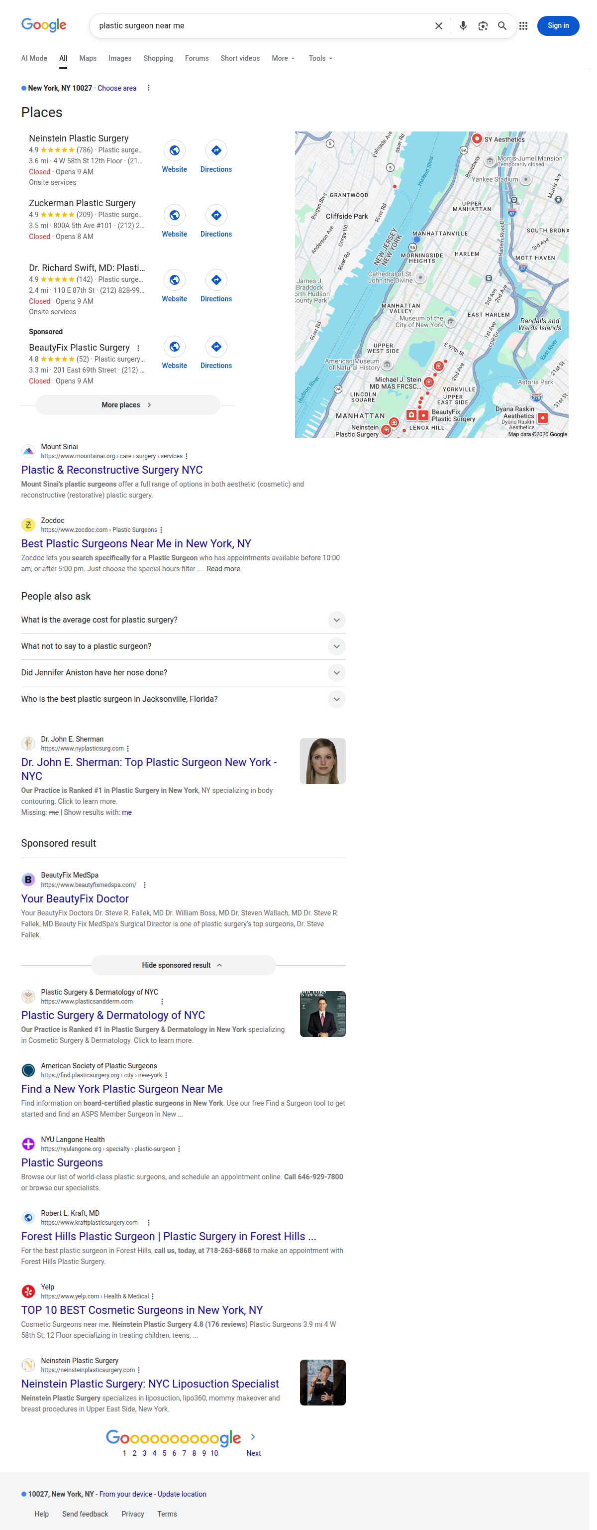 Google search results for plastic surgeon near me in New York